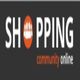 Shopping community online logo with orange icon on black background.