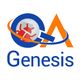 Logo with "QA Genesis" text and orange-blue design elements around a globe with bugs.
