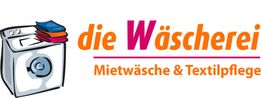 Waschmaschine mit bunten Tüchern, daneben Text "die Wäscherei, Mietwäsche & Textilpflege".