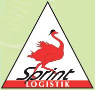 Dreieckiges Logo mit rotem Strauß und Schriftzug "Sprint Logistik" auf grünem Hintergrund.
