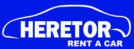 Logo de Heretor Rent a Car, texto blanco sobre fondo azul con silueta de coche.