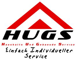 Logo von HUGS mit rotem Dachsymbol und Text: "Haushalts Und Gebaeude Service, Einfach Individueller Service."