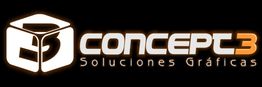 Logo de Concept3 Soluciones Gráficas con fondo negro y texto blanco-naranja.