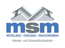 Logo mit Schriftzug "msm" und Slogan "Metallbau - Stahlbau - Maschinenbau" in Blau und Grau.