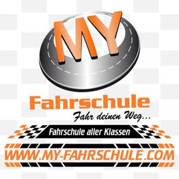 Logo der Fahrschule MY mit Website-URL und Slogans "Fahr deinen Weg" und "Fahrschule aller Klassen".
