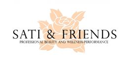 Logo mit orangefarbener Rose, Text: "Sati & Friends - Professional Beauty and Wellness Performance".