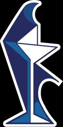 Figura geométrica azul y blanca con diseño abstracto y fondo negro.