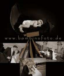 Collage: Baby schläft in Mütze, Hochzeitspaar vor Schloss und vor Auto mit Fotografen-Website.