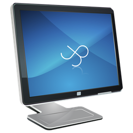 Ein moderner Computermonitor mit blauem Bildschirm und stilisiertem Logo in der Mitte.