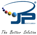 Logo von JP PrintCare24 mit bunten Kugeln und Slogan „The Better Solution“.