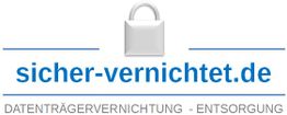 Logo mit Vorhängeschloss und Text "sicher-vernichtet.de, DATENTRÄGERVERNICHTUNG - ENTSORGUNG".