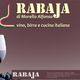 Ristorante Rabaja: vino, birra e cucina italiana, bicchiere di vino rosso su sfondo marrone.