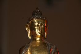 Goldene Buddha-Statue auf dunklem Hintergrund, leicht von der Seite beleuchtet.