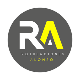 Logo con letras "RA" en blanco y amarillo sobre fondo gris. Texto: "ROTULACIONES ALONSO".