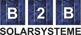 Logo mit Schrift: „B2B SOLARSYSTEME“ auf blauen Solarpanels.