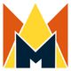 Stylized letter "M" with orange and yellow geometric shapes above and behind it.