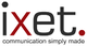 Textlogo "ixet" in Schwarz und Rot, darunter der Slogan "communication simply made".