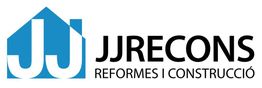 Logotipo de JJ RECONS, empresa de reformas y construcción, con fondo azul y texto negro.