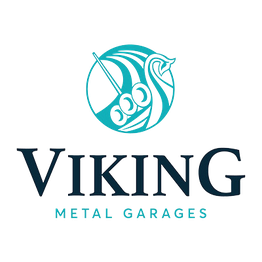Logo for Viking Metal Garages with a stylized Viking ship in blue.