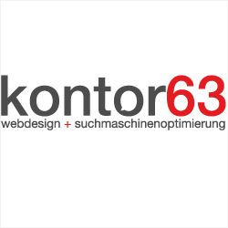 Logo von "kontor63" mit Text "webdesign + suchmaschinenoptimierung" darunter.