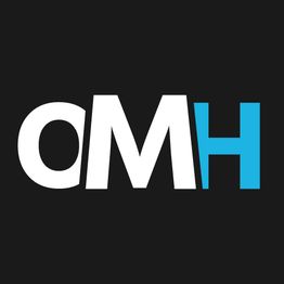 Schwarzes Logo mit den Buchstaben "OMH" in Weiß und Blau.