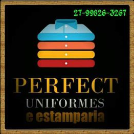 Empilhamento de camisas coloridas com texto: "Perfect Uniformes e Estamparia" e telefone acima.
