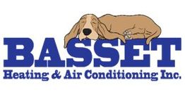 Basset Heating & Air Conditioning logo with a sleeping dog lying on the word "Basset."