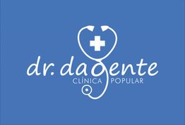 Logo da clínica "dr. da gente" em fundo azul com estetoscópio e cruz branca.
