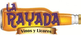 Botella con texto "La Rayada, Vinos y Licores" en letras sobre fondo de color ámbar.