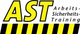 Logo von AST Arbeits-Sicherheits-Training mit gelb-schwarzen Streifen unten.