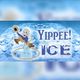 Cartoon cowboy riding ice cubes with text "Yippee! Ice" on icy blue background.