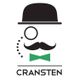 Stylized face with a bowler hat, monocle, mustache, and green bow tie; text: "CRANSTEN".