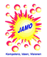 Buntes Logo mit gelbem Zentrum, "JAMO" in der Mitte, umgeben von roten Kreisen. Text: "Kompetenz, Ideen, Visionen".