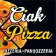 Logo di una pizzeria con scritte "Ciak Pizza" e "Pizzeria Panuozzeria" su sfondo nero.