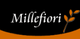 Schwarzes Logo mit "Millefiori" in Weiß und orangen Blattmotiv.
