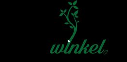 Groene boomtak met bladeren boven het woord "winkel" op een zwarte achtergrond.