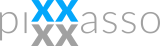 Logo mit Aufschrift „pixxasso“, wobei die Buchstaben „xx“ in Blau hervorgehoben sind.