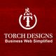 Logo with a torch icon and text: "Torch Designs - Business Web Simplified" on a red background.