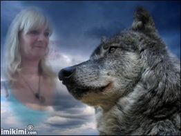 Eine lächelnde Frau erscheint schemenhaft hinter einem Wolf vor bewölktem Himmel.