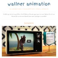 Retro-Fernseher zeigt Tieranimation; daneben ein Banner von "Wallner Animation".