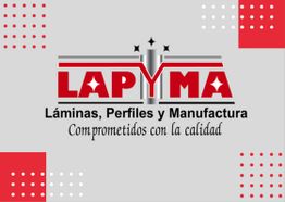 Logo de LAPYMA con el texto "Comprometidos con la calidad", fondo gris y detalles rojos.