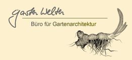 Logo: "Garten Welten" mit Wurzelgrafik, Text "Büro für Gartenarchitektur" darunter.