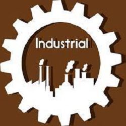 Gear with factories and "Industrial" text on brown background.