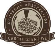 Logo der Deutschen Röstergilde mit Händen, die Kaffeebohnen halten.