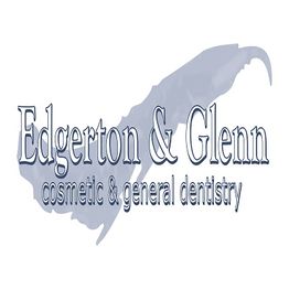Logo with text: "Edgerton & Glenn, cosmetic & general dentistry," featuring a feather design.