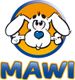 Weißer Cartoon-Hund mit blauem Herz und großen Ohren auf orangefarbenem Hintergrund, Text "MAWI".