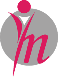 Rood logo met gestileerd figuur en "m" op een grijze achtergrond.
