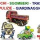 Illustrazione di servizi di traslochi, sgomberi, trasporti, pulizie e giardinaggio con camion.
