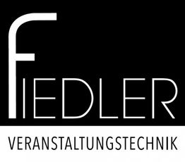 Fiedler Veranstaltungstechnik-Logo in Schwarz-Weiß mit großem "F" auf schwarzem Hintergrund.