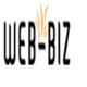 "Logo with the word 'WEB-BIZ', featuring an abstract orange flame design above the hyphen."